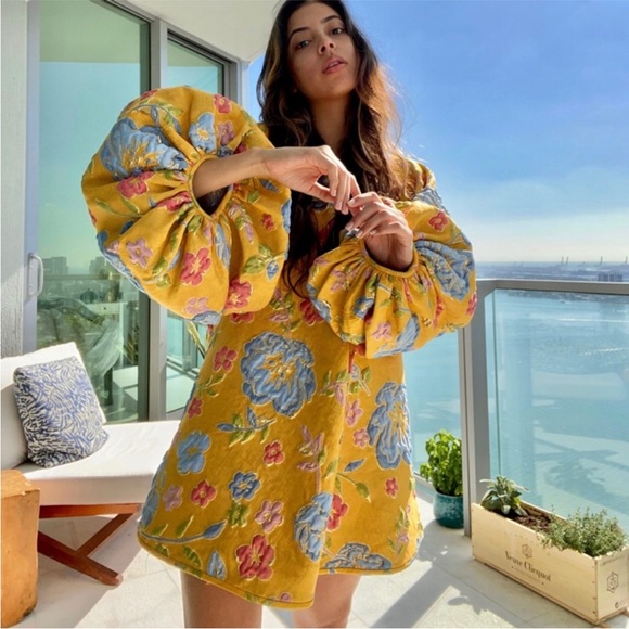 Arianne Elmy Sunshine Dress Yellow Floral Jacquard Puff Exaggerated Sleeve NEW L - Picture 1 of 16